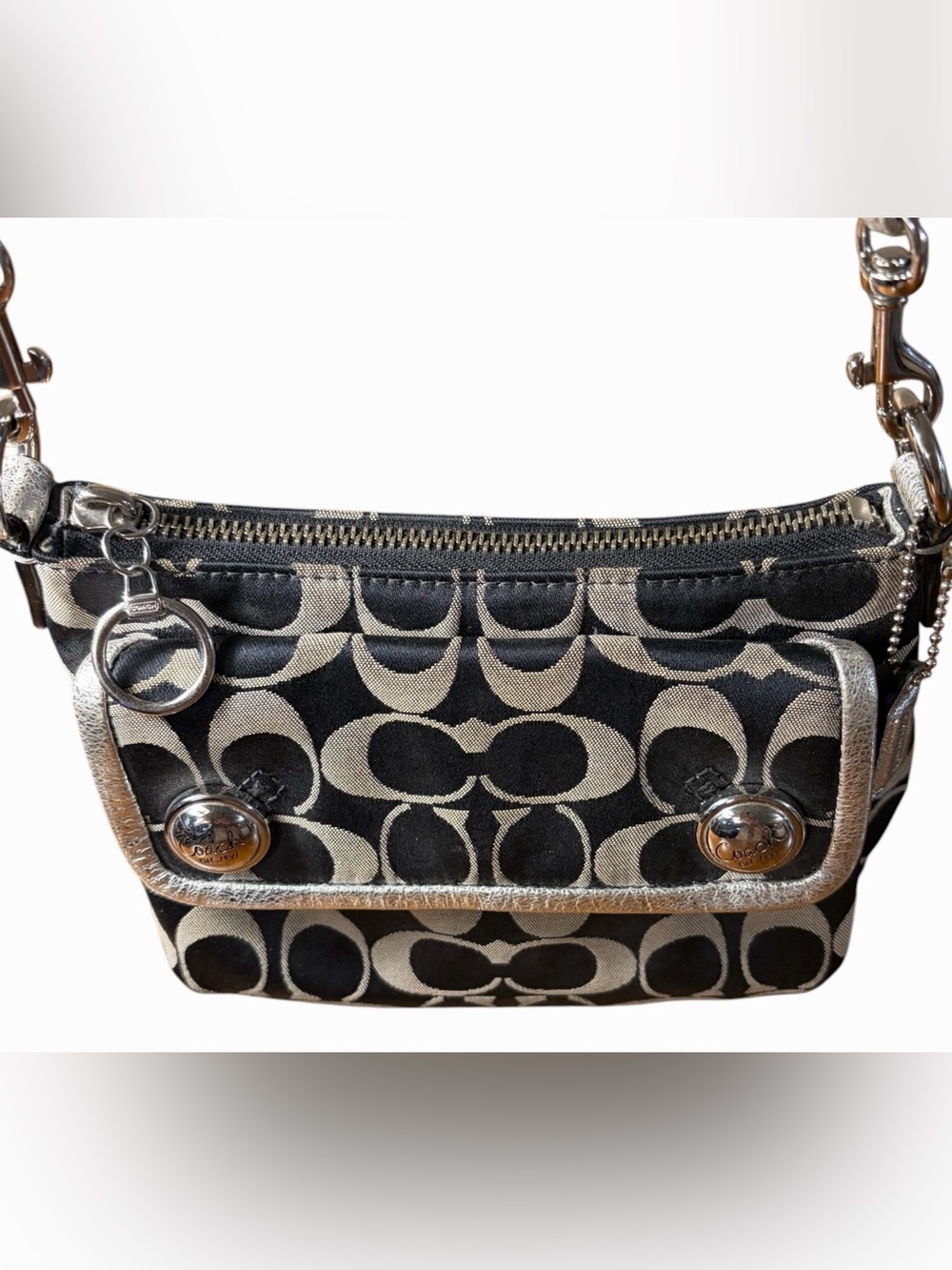 Coach Poppy Signature Pleated Crossbody Bag Black/Grey Metallic Silver - Picture 5 of 9